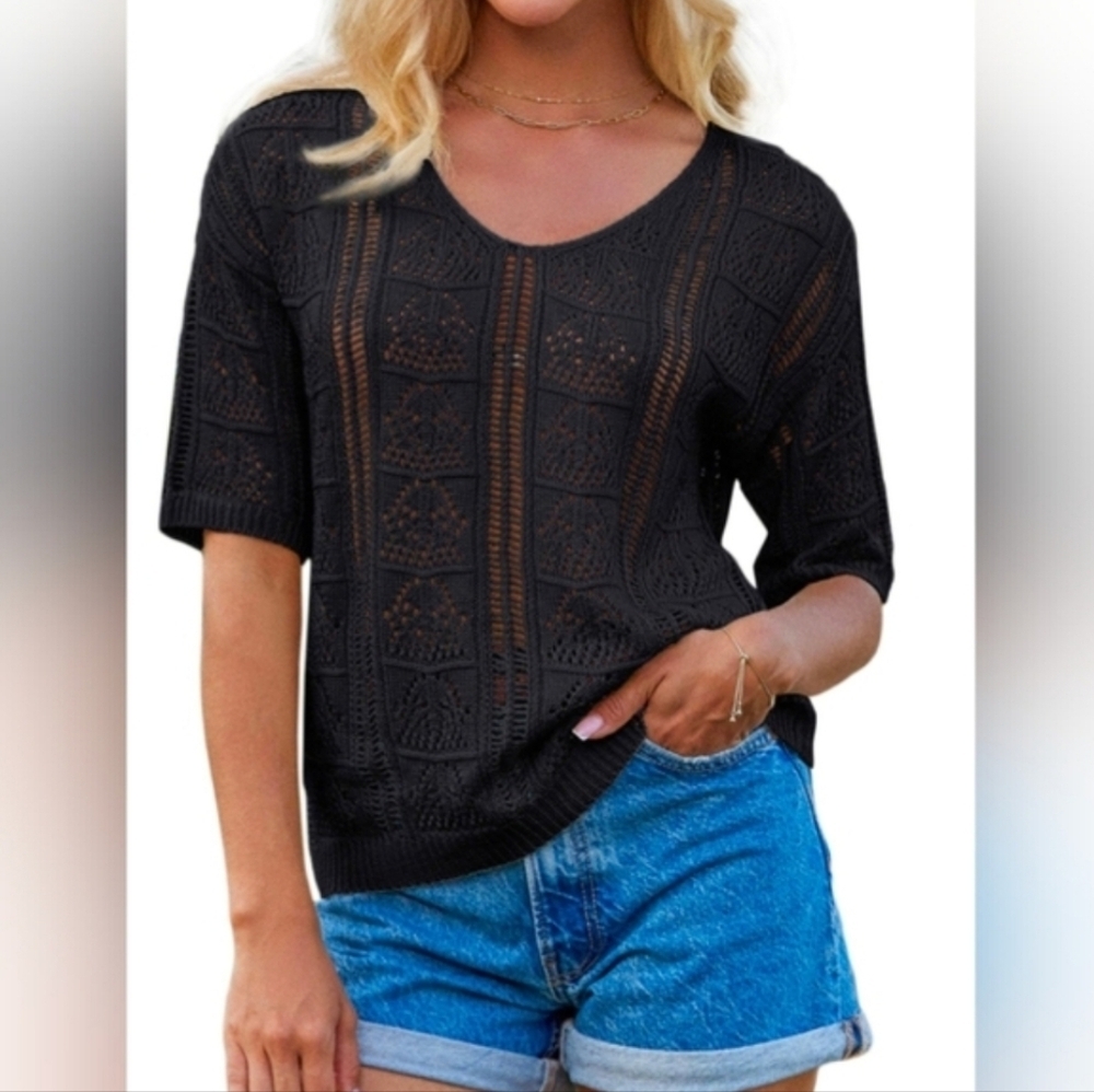 Short-Sleeve Crochet Knit Sweater, Black Size Womens S - Picture 8 of 8